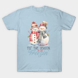 Tis' The Season To Be Freezin' Watercolor Snowmen Sweet Christmas T-Shirt